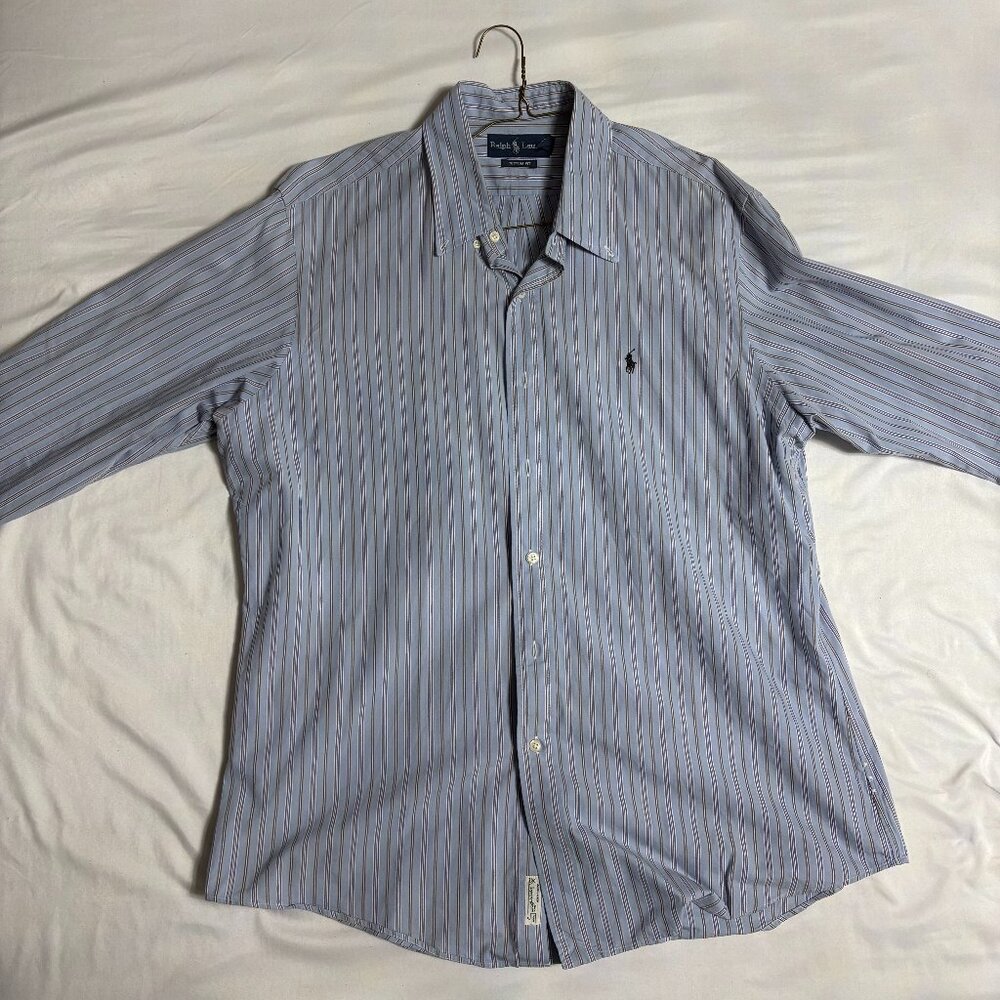 Light Blue Ralph Lauren Long Sleeve Button-Down Shirt with Navy Stripes. Size XL